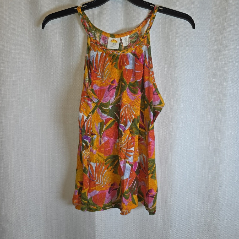 C&C California Linen Multi Color Tropical Print Sleeveless Halter Neck Sz M